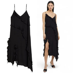 NWT H&M Black Ruffle Asymmetrical Midi Dress Large Whimsigoth Dark Ethereal